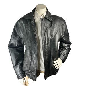 Vtg Fondini Men L Genuine Leather Bomber Jacket 90s Patchwork Quilt Lined Black